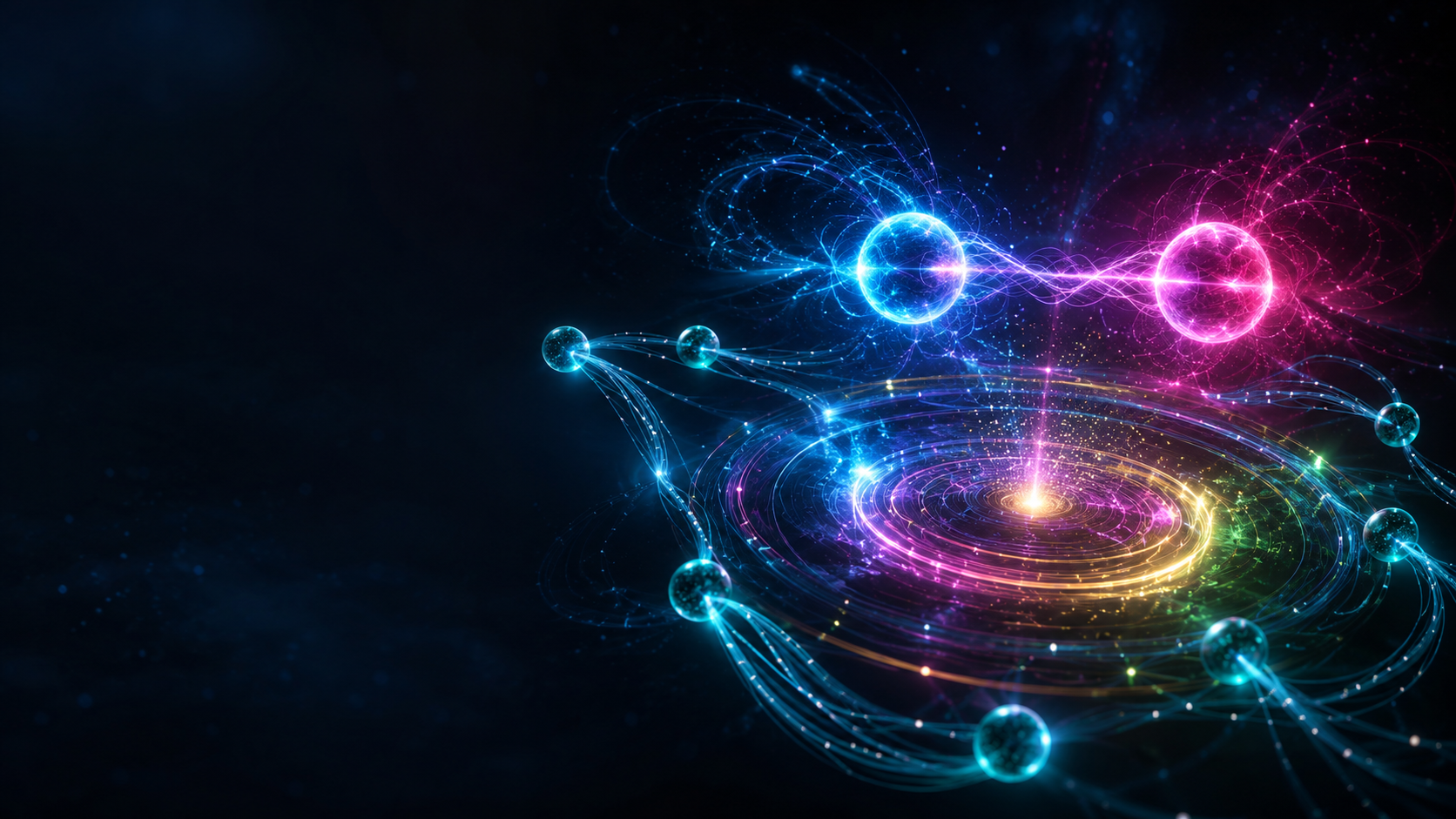 Abstraktes Quantensystem aus verschränkten blau-magenta Energiesphären, einem leuchtenden Photonenportal und cyanfarbenen Teilchenbahnen
